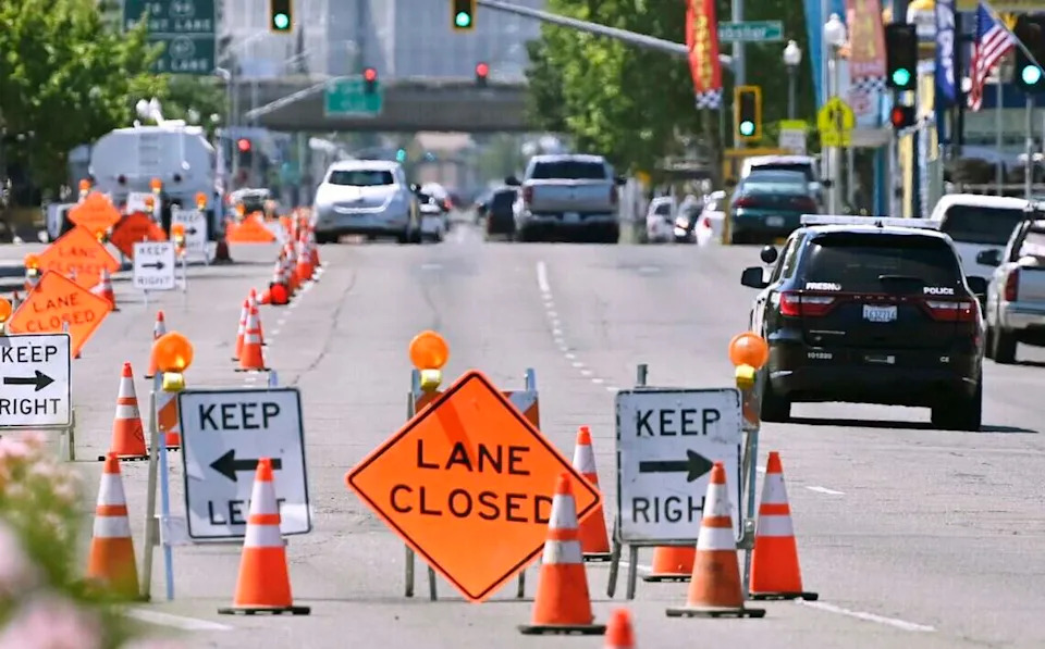 Construction to reduce the three vehicle lanes to two in each direction along a portion of Blackstone Avenue kicked off on June 8. It's one of many initiatives to revitalize the corridor. Photographed Tuesday, June 16, 2026 in Fresno.