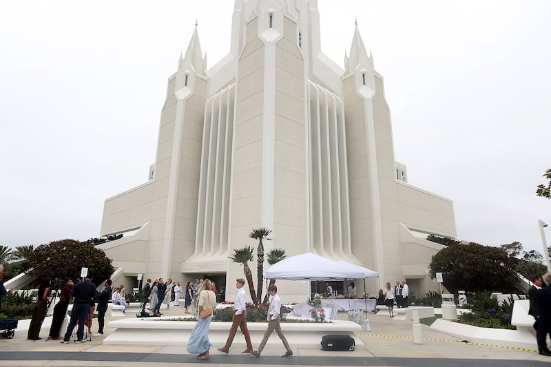 Attendees of media day at the San Diego California Temple walk around the newly renovated grounds on Monday, June 15, 2026.