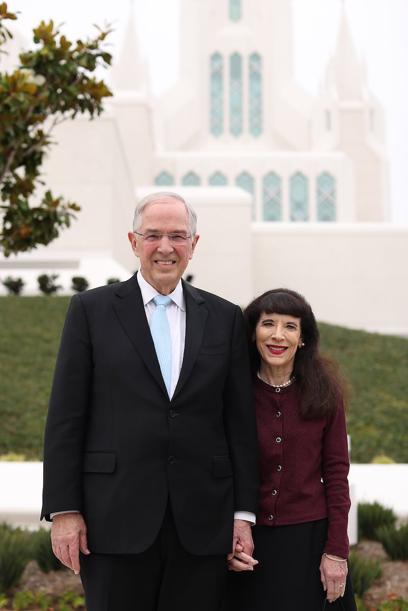 Elder Neil L. Andersen and Sister Kathy Andersen pose for a photo on the grounds of the San Diego California Temple during media day on Monday, June 15, 2026.