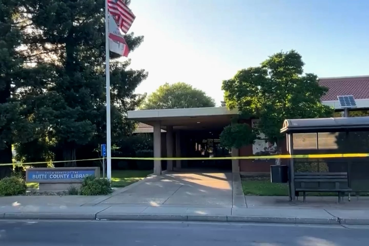 This image made from video provided by KRCR-TV shows Butte County Library, Chico branch, in Chico, Calif., Monday, June 22, 2026.