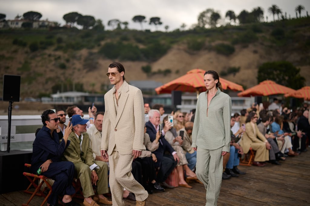 Seersucker fabrics, also in a look worn by female model Élise Crombez (left). Photo: Handout