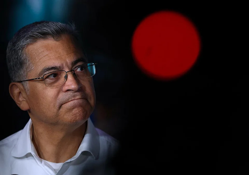 California Democratic gubernatorial candidate Xavier Becerra talks with members of the media after speaking during a Get Out The Vote rally at Micky's WeHo on May 28, 2026 in West Hollywood, California.