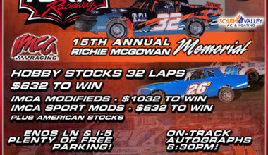 Poster for Bakersfield Speedway 15th Annual Richie McGowan Memorial race; race cars, event details, venue, and ticket info.