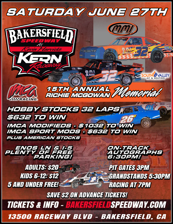 Poster for Bakersfield Speedway 15th Annual Richie McGowan Memorial race; race cars, event details, venue, and ticket info.
