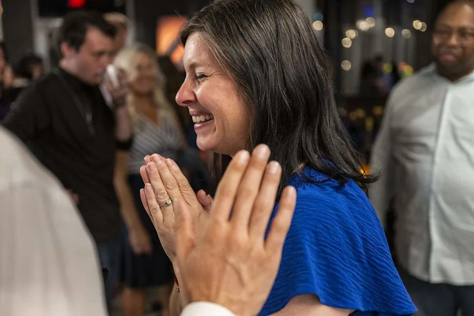 Sacramento City Councilmember Lisa Kaplan speaks to supporters during her election night party at the Aloft Hotel in Natomas on Tuesday, June 2, 2026.