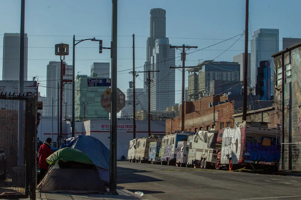 A street lined with tents and motorhomes in the Skid Row area of downtown Los Angeles pictured on June 11, 2026.
