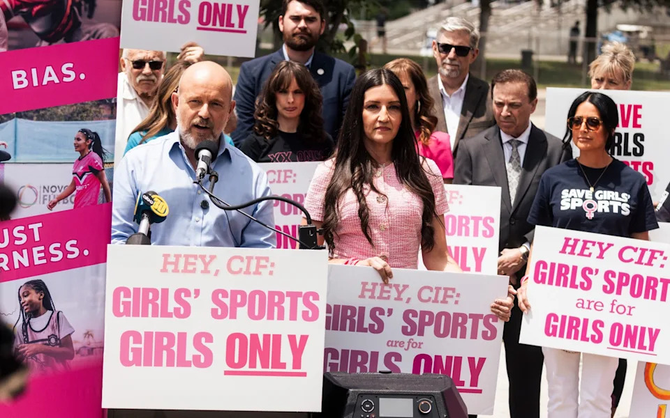 Mr Hilton at a protest gaainst the participation of a transgender athlete in the 106th California Interscholastic Federation (CIF) State Track & Field Championships