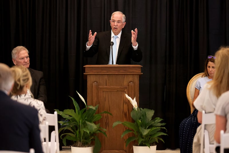 Elder Neil L. Andersen speaks to a crowd of guests and media representatives during the media day of the newly renovated San Diego California Temple open house on Monday, June 15, 2026.