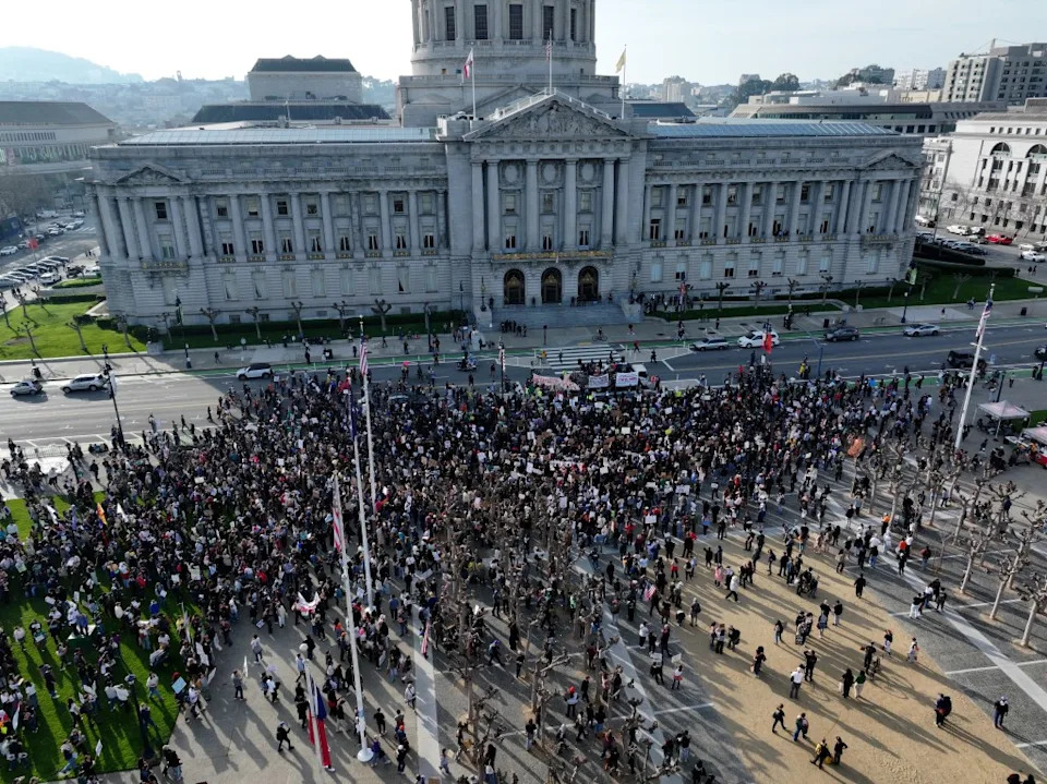 Demonstrators outside San Francisco CIty Hall. Anadolu via Getty Images