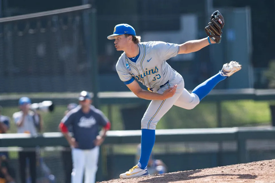 UCLA Bruins right-hand-pitcher Cal Randall (85) throws a pitch during an NCAA regional championship elimination game between the Saint Mary's College Gaels and UCLA Bruins on May 31, 2026 at Jackie Robinson Stadium in Los Angeles Calif.