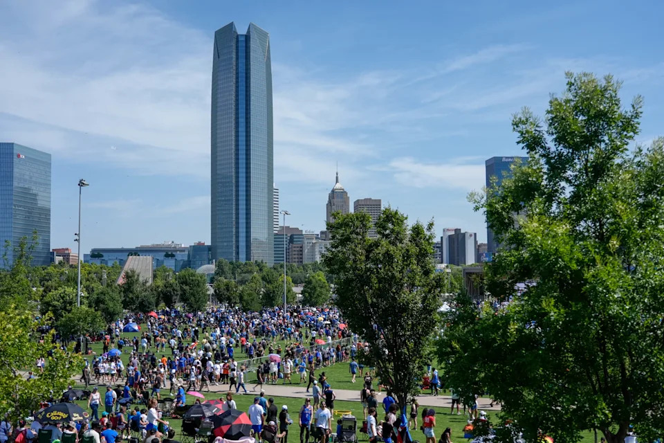 People fill Scissortail Park in downtown Oklahoma City in June 2025.
