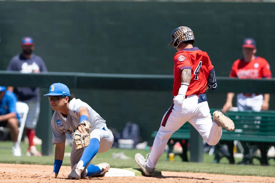 UCLA Bruins first baseman Mulivai Levu (39) makes a catch for an out during an NCAA regional championship elimination game between the Saint Mary's College Gaels and UCLA Bruins on May 31, 2026 at Jackie Robinson Stadium in Los Angeles Calif.