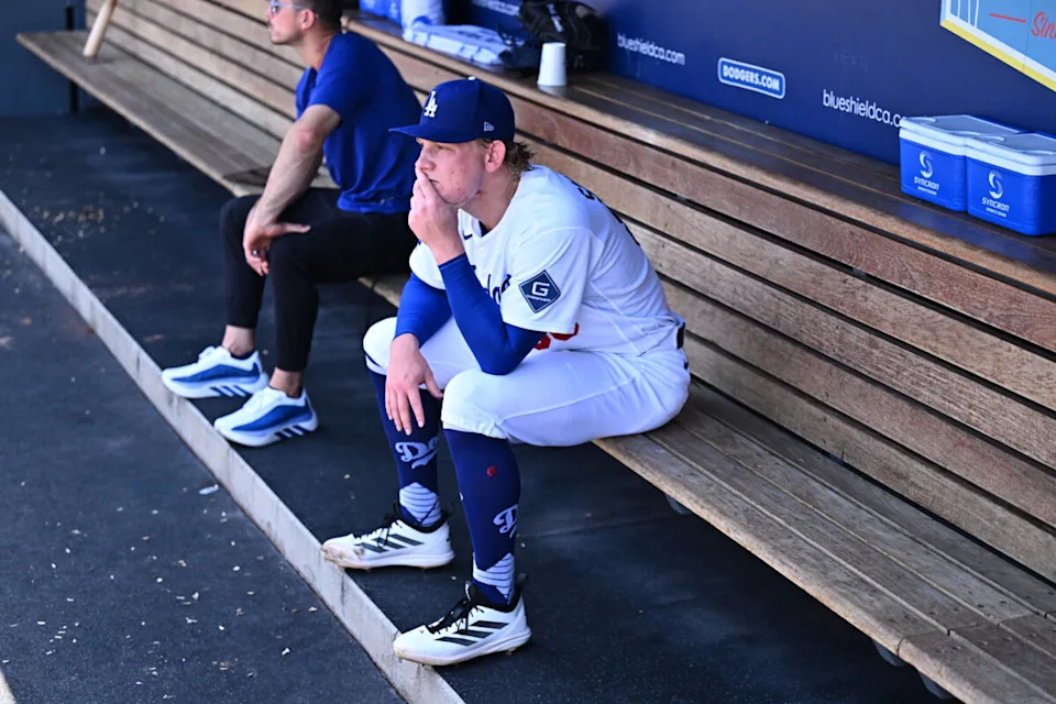 Jun 7, 2026; Los Angeles, California, USA;  Los Angeles Dodgers pitcher Emmet Sheehan (80) sits in the dugout after being taken out of the game in the second inning of a game against the Los Angeles Angels at Dodger Stadium. Mandatory Credit: William Liang-Imagn Images