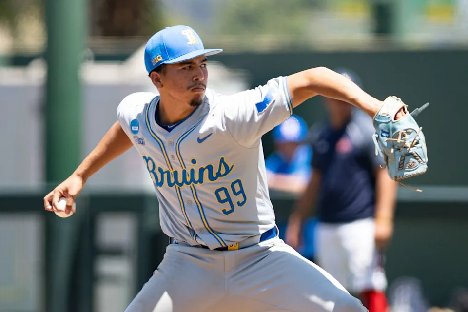 UCLA Bruins right-hand-pitcher Angel Cervantes (99) throws a pitch during an NCAA regional championship elimination game between the Saint Mary's College Gaels and UCLA Bruins on May 31, 2026 at Jackie Robinson Stadium in Los Angeles Calif.