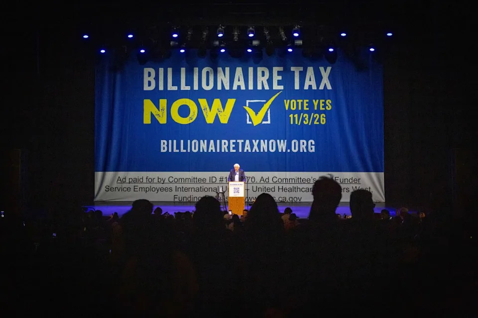 Bernie Sanders speaks at the Billionaire Tax Now rally on Wednesday, Feb. 18, 2026 in Los Angeles. Los Angeles Times via Getty Images