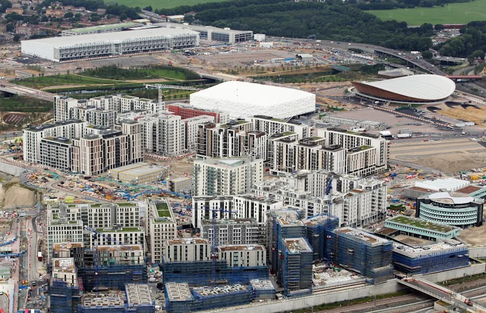 An aerial view of the athletes village and main press center under construction on July 26, 2011, for the 2012 Olympic Games in London, England.