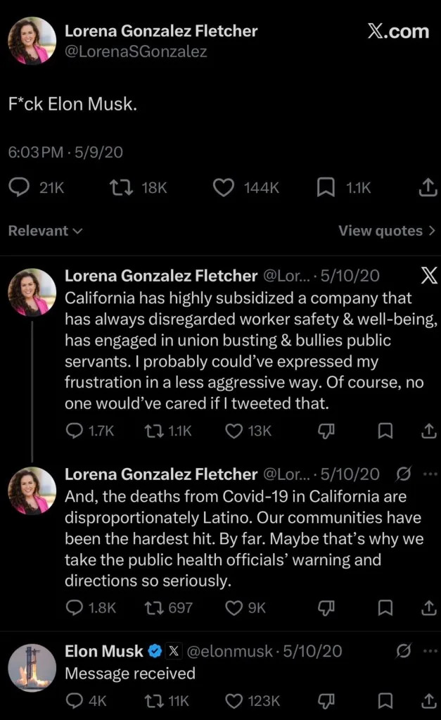 Gonzalez Fletcher’s old tweet has resurfaced amid SpaceX’s IPO. X/@lorenasgonzalez