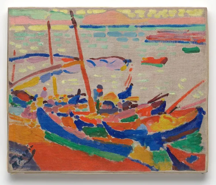 Colorful abstract painting of boats docked at a harbor with vibrant red, blue, yellow, and green brushstrokes against a light water background.
