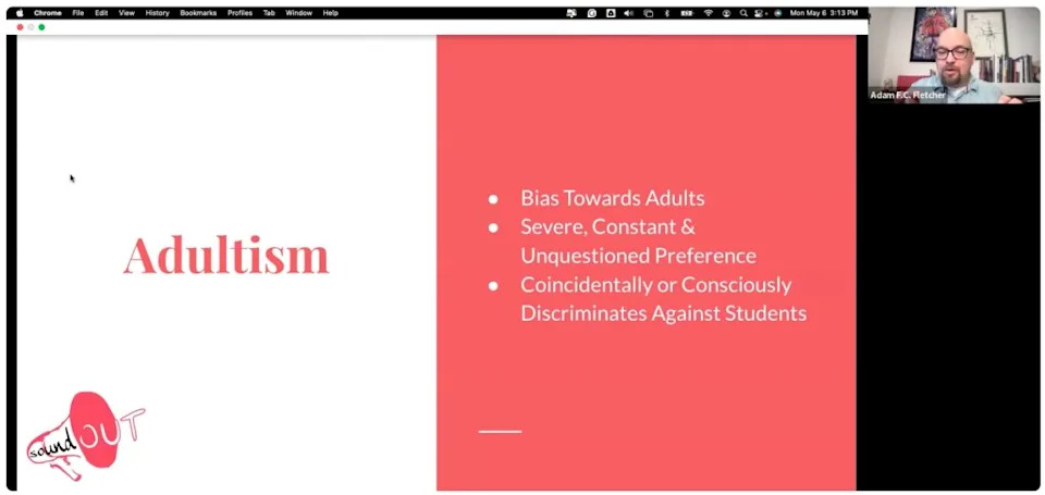 A slide from a presentation on “Adultism” defines it as a bias towards adults. TEACH Los Angeles