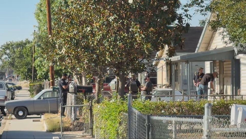 There is a heavy police presence outside an Oildale home. PHOTO: KBAK/KBFX