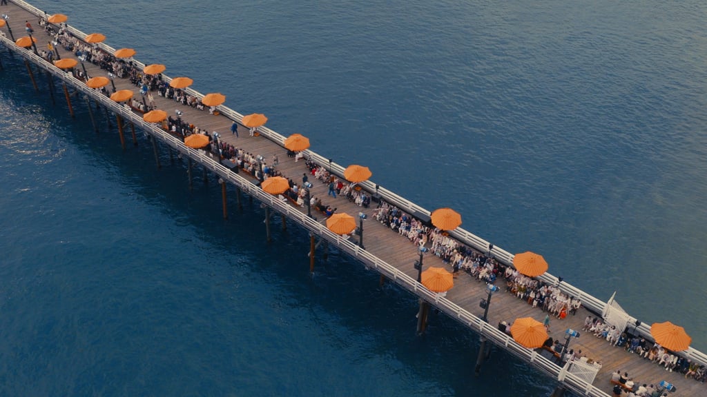 The Malibu Pier decorated with orange beach umbrellas for Zegna’s show. Photo: Handout