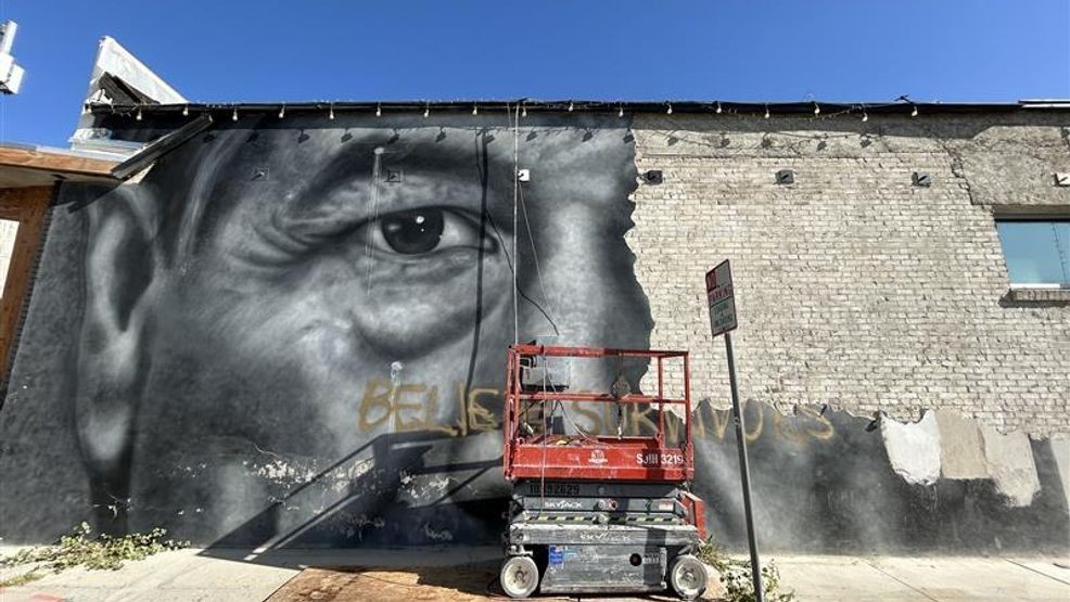 The Cesar Chavez mural was seen being removed Friday morning in downtown Bakersfield. PHOTO: KBAK/KBFX