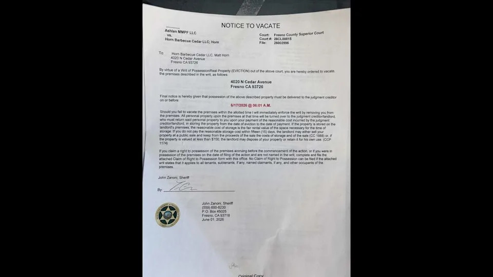 The landlord has posted a notice to vacate by 6:01 a.m. June 17 is posted on the door of Horn Barbecue in Fresno. It’s a pre-cursor to a formal eviction notice.