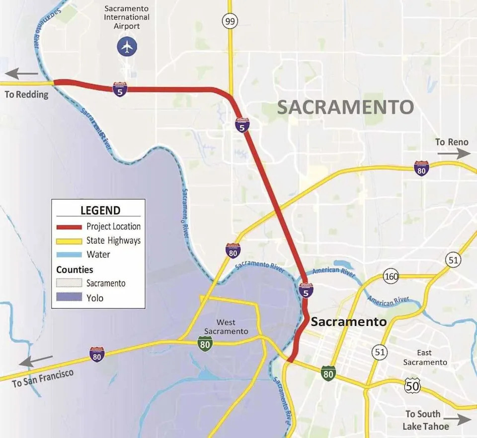 The proposed Interstate 5 project would add high-occupancy toll lanes along a roughly 12-mile stretch between the Highway 50 interchange in downtown Sacramento and the Sacramento International Airport area.