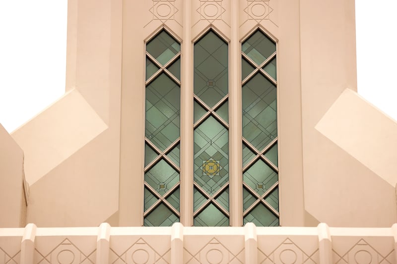 The large windows of San Diego California Temple are pictured on Monday, June 15, 2026.