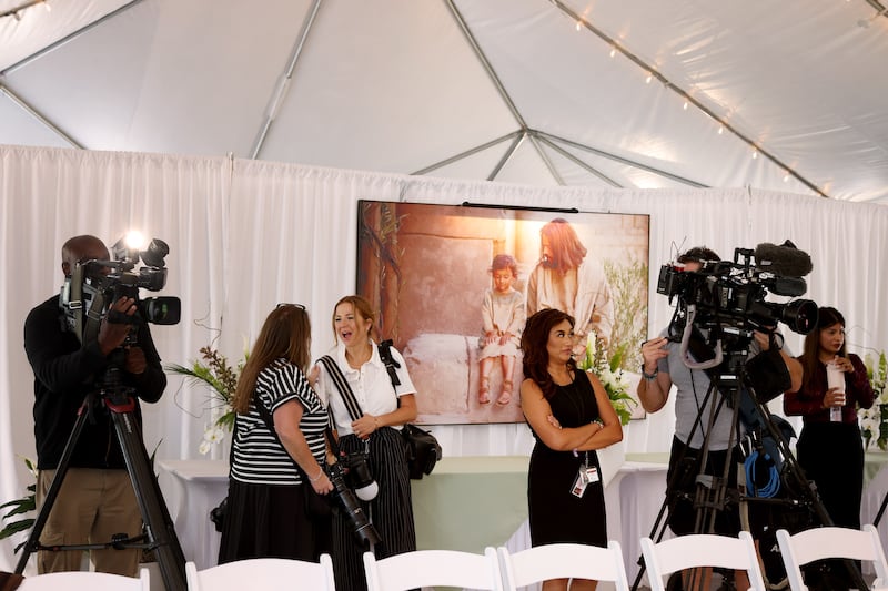 Media representatives gather for a tour of the San Diego California Temple during media day of the open-house period on Monday, June 15, 2026.