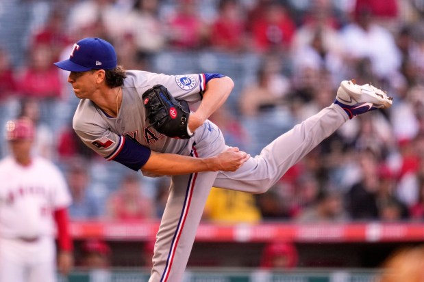 Texas Rangers starting pitcher Jacob Degrom throws to the plate during the first inning of a game against the Angels on Friday, May 22, 2026, at Angel Stadium. (AP Photo/Mark J. Terrill)