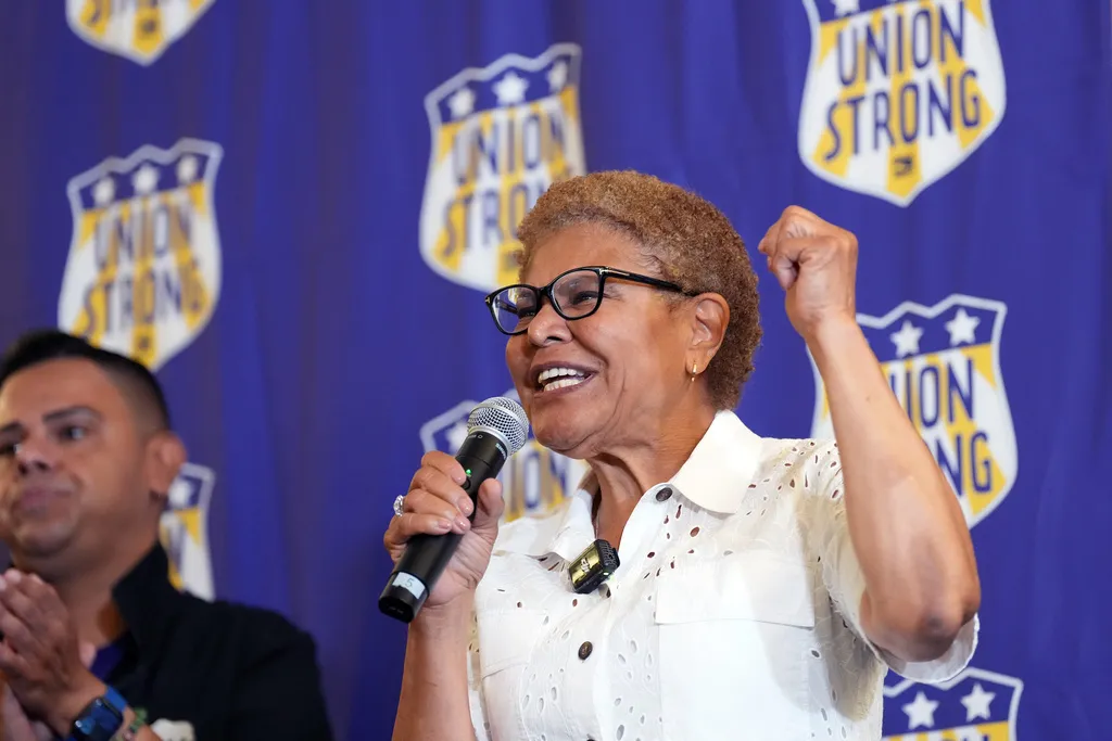 Los Angeles Mayor Karen Bass addresses union members during a campaign event.