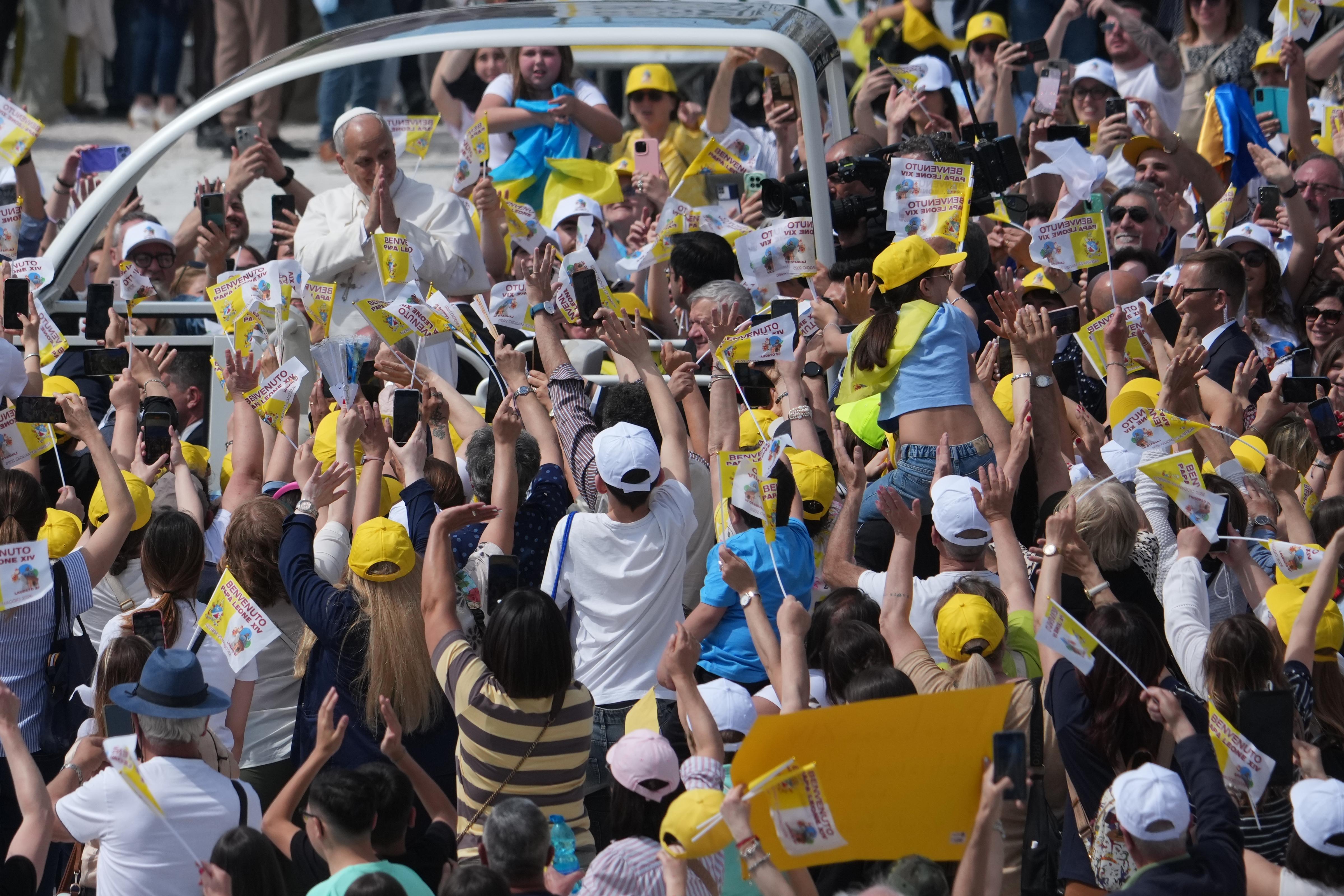 Pope Leo XIV arrives in Calipari Square in Acerra, near Naples, Italy.