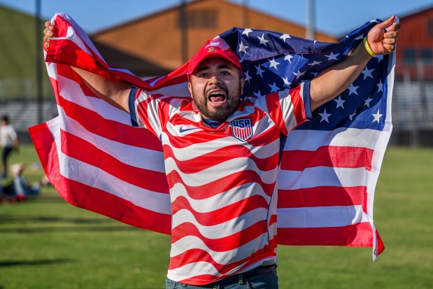 Melvin Mendez, of Oakland, celebrates after the United States scored a goal while watching a US World Cup watch party held at Raimondi Park in Oakland, Calif., on Friday, June 12, 2026. The US played their opening match against Paraguay in the World Cup Group D in Inglewood. (Jose Carlos Fajardo/Bay Area News Group)