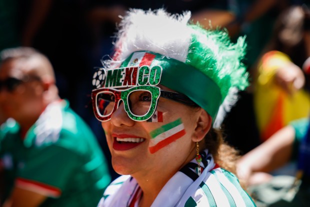 Angelica Langarica, of San Jose, attends a watch party of the World Cup's game between Mexico and South Africa at San Pedro Square Market in San Jose, Calif., on Thursday, June 11, 2026. (Shae Hammond/Bay Area News Group)