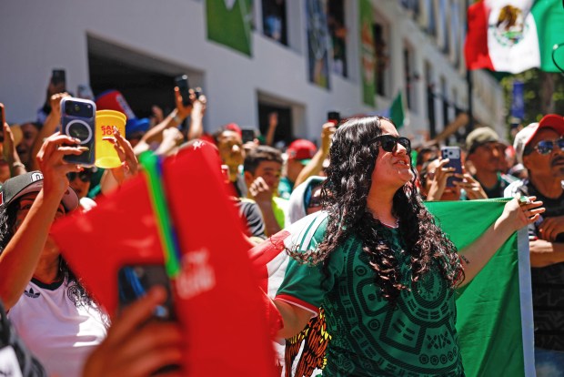 Fans of Mexico watch the World Cup at San Pedro Square Market in San Jose, Calif., on Tuesday, June 11, 2026. (Shae Hammond/Bay Area News Group)