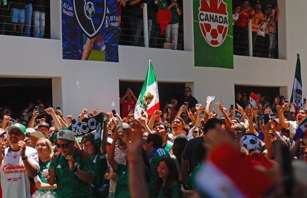 Fans of Mexico cheer after Mexico scores against South Africa during a World Cup watch party at San Pedro Square Market in San Jose, Calif., on Tuesday, June 11, 2026. (Shae Hammond/Bay Area News Group)