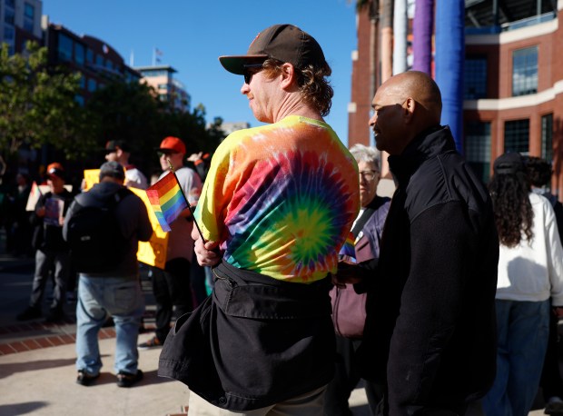 Protesters gather in reaction to San Francisco Giants' players recently writing on Pride-themed hats, outside of Oracle Park before the San Francisco Giants and the Athletics game in San Francisco, Calif., on Tuesday, June 23, 2026. (Nhat V. Meyer/Bay Area News Group)