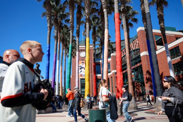 Baseball fans mingle outside of Oracle Park before the San Francisco Giants and the Athletics game in San Francisco, Calif., on Tuesday, June 23, 2026. (Nhat V. Meyer/Bay Area News Group)