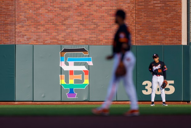 A San Francisco Giants pride logo is located in centerfield during the Giants game against the Athletics in the second inning at Oracle Park in San Francisco, Calif., on Tuesday, June 23, 2026. (Nhat V. Meyer/Bay Area News Group)