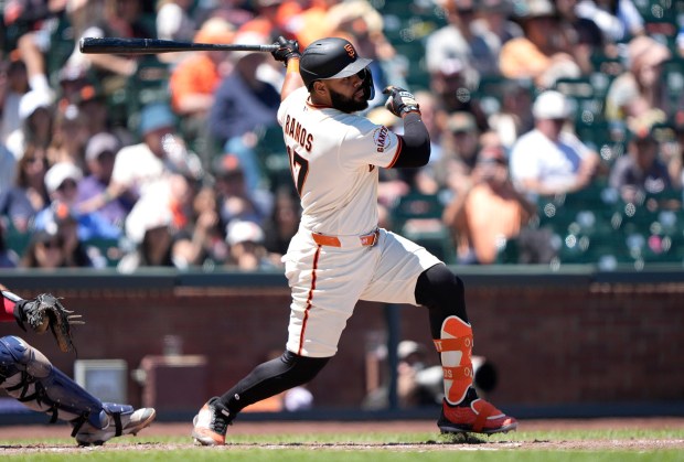 Heliot Ramos #17 of the San Francisco Giants hits a single against the Atlanta Braves in the bottom of the sixth inning at Oracle Park on June 28, 2026 in San Francisco, California. (Photo by Thearon W. Henderson/Getty Images)