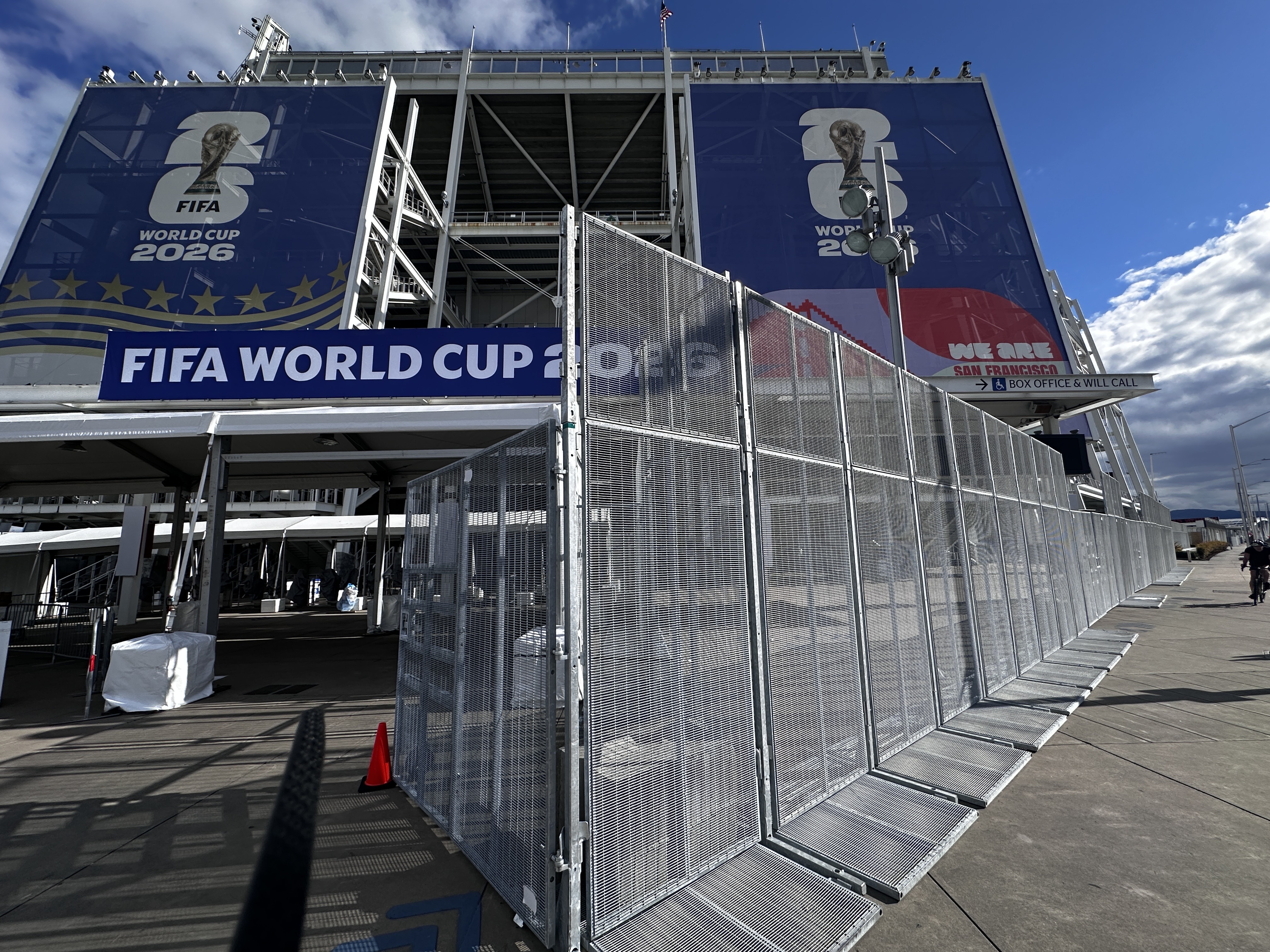FIFA World Cup signs mark the entrances to Levi's Stadium...