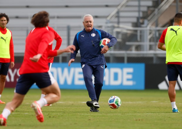 Paraguay's national soccer team head coach Gustavo Alfaro kicks the ball as his team trains at San Jose State University's Spartan Soccer Complex in preparation for the FIFA World Cup in San Jose, Calif., on Monday, June 8, 2026. (Nhat V. Meyer/Bay Area News Group)