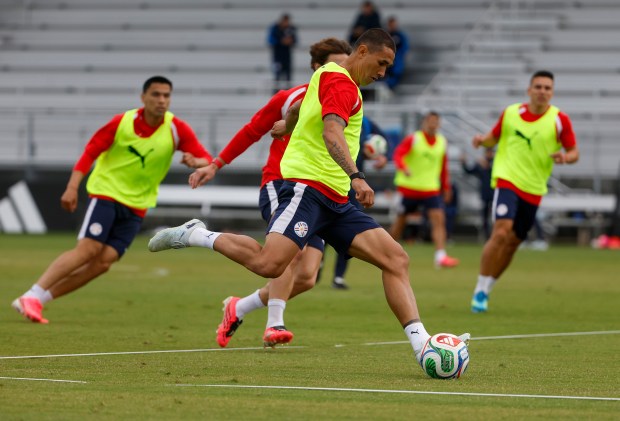 Paraguay's national soccer team trains at San Jose State University's Spartan Soccer Complex in preparation for the FIFA World Cup in San Jose, Calif., on Monday, June 8, 2026. (Nhat V. Meyer/Bay Area News Group)