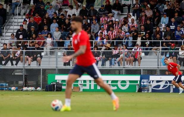 Soccer fans, some wearing Paraguay jersey's, watch Paraguay's national soccer team train at San Jose State University's Spartan Soccer Complex in preparation for the FIFA World Cup in San Jose, Calif., on Monday, June 8, 2026. (Nhat V. Meyer/Bay Area News Group)