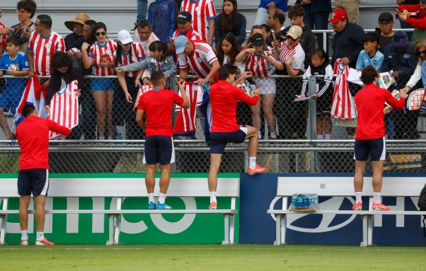 Members of Paraguay's national soccer team sign autographs sign training at San Jose State University's Spartan Soccer Complex in preparation for the FIFA World Cup in San Jose, Calif., on Monday, June 8, 2026. (Nhat V. Meyer/Bay Area News Group)