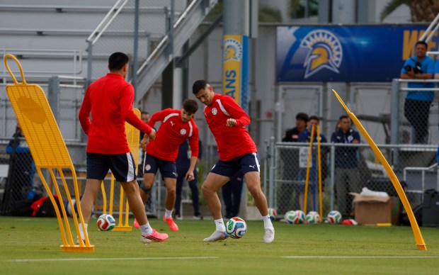 Paraguay's national soccer team trains at San Jose State University's Spartan Soccer Complex in preparation for the FIFA World Cup in San Jose, Calif., on Monday, June 8, 2026. (Nhat V. Meyer/Bay Area News Group)