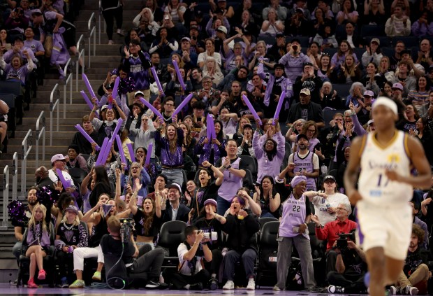 Golden State Valkyries fans cheer after a basket in the second quarter of their WNBA game against the Los Angeles Sparks at the Chase Center in San Francisco, Calif., on Monday, June 15, 2026. (Jane Tyska/Bay Area News Group)