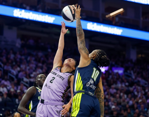Golden State Valkyries' Kaitlyn Chen (2) scores a basket against Dallas Wings' Aziaha James (10) in the second quarter at the Chase Center in San Francisco, Calif., on Wednesday, June 17, 2026. (Nhat V. Meyer/Bay Area News Group)