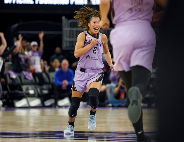 Golden State Valkyries' Kaitlyn Chen (2) celebrates her 3-point basket against the Dallas Wings in the second quarter at the Chase Center in San Francisco, Calif., on Wednesday, June 17, 2026. (Nhat V. Meyer/Bay Area News Group)